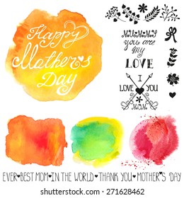 Mothers day.Watercolor steins headline catchword,flowers,branches design template.Cute  Greeting card ,invitation.Hand drawing painting.Bright colorful Vector 