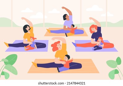 Mothers doing yoga with baby in studio flat vector illustration. Moms sitting on floor, stretching legs with children, doing exercises together. Healthy lifestyle, family sport, fitness, gym concept