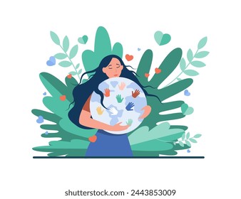 Las madres abrazan la ilustración vectorial. Mujer abrazando el globo con las huellas de la palma de los niños. Las madres aman, el movimiento, la ecología, el concepto de cuidado del mundo.