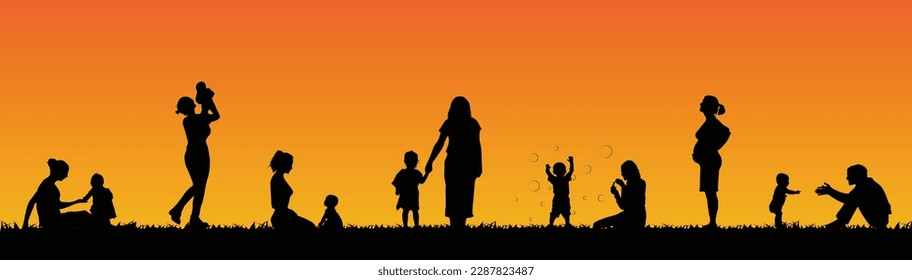 Mothers are enjoying with her child, mom playing with her child, mom time spend with her child, on the field. Mother and children Silhouette designs on sunset background.