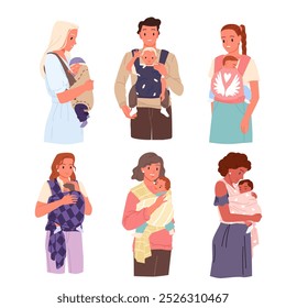 Mothers and father hold baby kids in sling set. Cute parents carry newborn children in carrier collection, young man and girls protect toddlers with love and care cartoon style