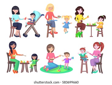 Mothers feeding their children icons set on white. Young female careful people sitting on stools or carpet try to give healthy food for kids. Vector poster of difficult process of having meal