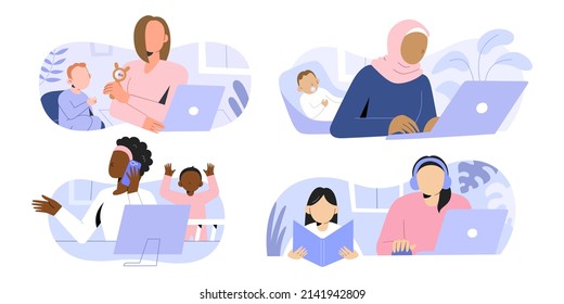 Mothers freelancers working at home with children, using laptop, talking on the phone, remote jobs, african-american, muslim women multitasking, career and parenting concept, vector illustration set