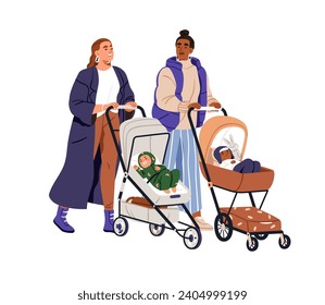 Mothers friends with babies in prams, strolling together, talking. Happy moms and infants, newborns children sleeping in strollers during walk. Flat vector illustration isolated on white background