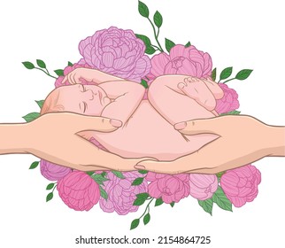 Un Regalo Para Madres; Manos sujetando el arte vectorial dibujado a mano del bebé, peonías y hojas, manos que cradling al recién nacido