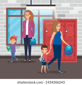mothers with girl and boy students with books and backpack