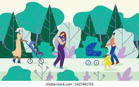 Mothers Go with Children in Park, Cartoon Flat. Young Women Carry Babies in Wheelchairs, Walking Among Trees. Girl is Carrying Baby Walking on Road. Horizontal Vector Illustration.