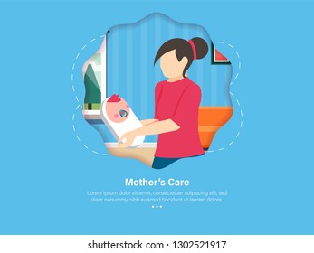Mother's Great Concern with Her Child. Mother's Care Concept. 3d Isometric Vector Illustration.