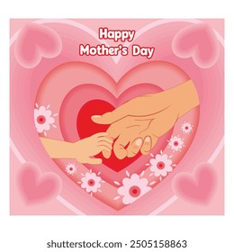 Mother's hand holding child's hand. Happy Mother's Day with carnations on a heart shaped background. flat vector illustration.
