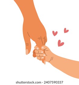 The mother's hand holds the baby's hand. Child's hand in mother's hand. Illustration, vector