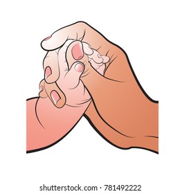 mother's hand touching infant hand vector cartoon illustration