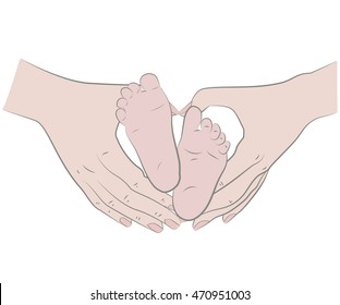 Mother's hands forming a heart among her baby's feet. vector illustration