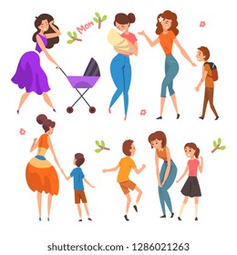 Mothers having a good time with their kids set, motherhood, parenting concept vector Illustration