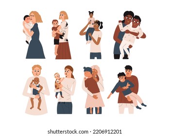 Mothers hug their little children. Happy motherhood concept. The love of mommies for their babies. Family relationships. Vector illustration in hand drawn style