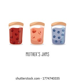 Mother's jams vector. Cherries, apricot, blueberry jam