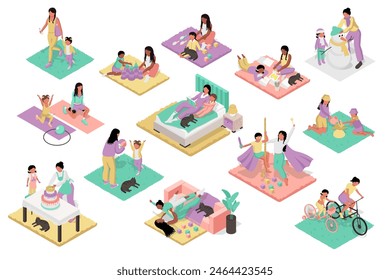 Mega set isométrico 3d de la actividad de las madres y los niños. Colección isometría plana Elementos de mama con niño caminando, jugando, entrenando, leyendo, cocinando, celebrando, ciclismo juntos. Ilustración vectorial.