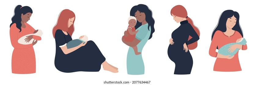 Mothers and kids in different poses  Mom   newborn in her arms  Beautiful healthy pregnant woman  Vector illustration in flat style