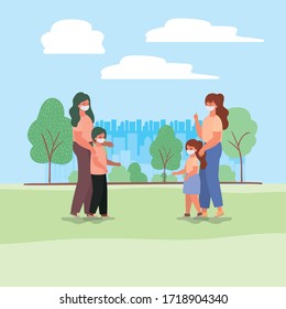 Mothers And Kids With Masks At Park Design Of Covid 19 Virus Theme Vector Illustration