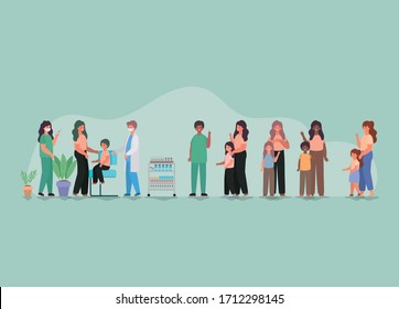 Mothers with kids vaccionation and doctors with masks against 2019 ncov virus design of Covid 19 Vector illustration