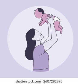 A mother's love illustrated in vector art, with a heart and child silhouette, a pink icon of family happiness