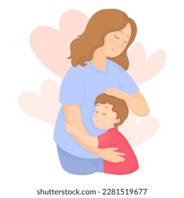 Mother's love. Mom's hug. Mom and son. Card on Mother's Day