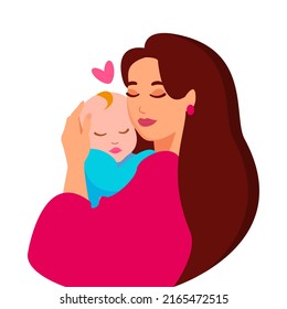 Mother's love. Mom's hugs. Mom and baby. Vector illustration with floral elements. Mother's Day card.Cute mother with a newborn. The concept of motherhood, family. Happy woman hugging baby.