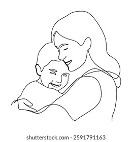 Mothers Love One Line Drawing of Tender Embrace, Child, Affection, Care, Happiness, Family, Bonding, 