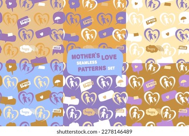 Mother's love theme seamless patterns set with hearts, parent with child and speech bubbles