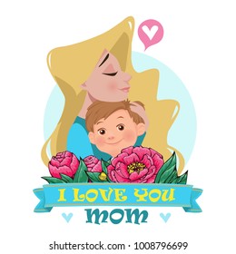 Mother's love.Mom's hug. Mom and son.Vector illustration. Card on Mother's Day