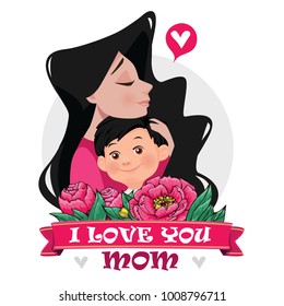 Mother's love.Mom's hug. Mom and son.Vector illustration. Card on Mother's Day