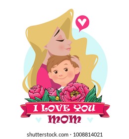 Mother's love.Mom's hug. Mom and son.Vector illustration. Card on Mother's Day