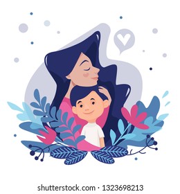 Amor de mãe. Abraço da mamãe. Mãe e filho. Ilustração vetorial com elementos florais. Cartão no dia das mães