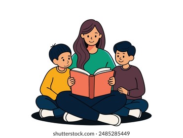 Mothers reads fairy tales to her sons. Hand drawn style vector design illustrations.