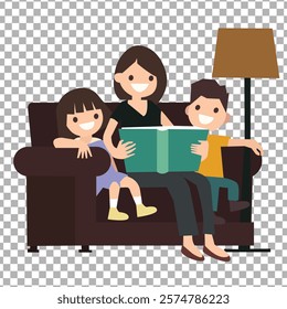 Mothers reads fairy tales to her sons. Hand drawn style vector design illustrations.