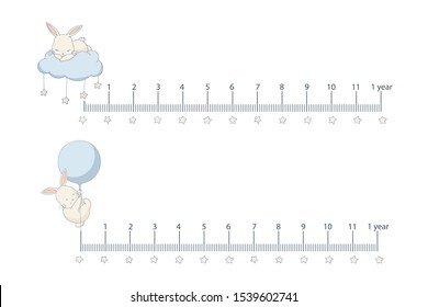 Mother's ruler of newborn's age with cute little bunnies on white background