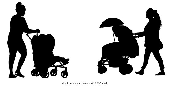 Mothers silhouettes with baby strollers on white background, vector illustration