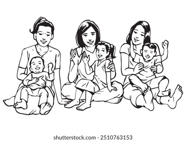 Mothers sitting with their children. Illustration in black and white and vector format. This illustration is not an AI Generated content.