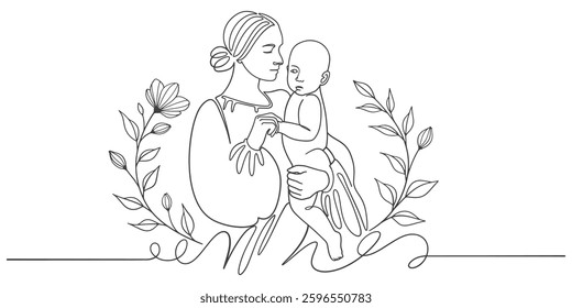 Mothers and son line art style vector illustration, mother day celebration background