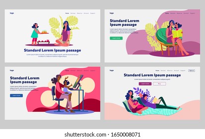 Mothers spending time with little daughter set. Reading book, painting, cooking bakery. Flat vector illustrations. Childhood, family, leisure concept for banner, website design or landing web page