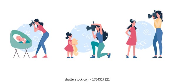 Mothers take pictures of children. A set of women who shoot at the camera of how their growing up daughters: a baby, a girl with a teddy bear and a teenager, photo. Vector, flat minimal, isolated.