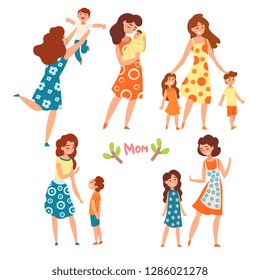 Mothers and their kids set, moms talking, walking and having a good time with their children set, motherhood, parenting concept vector Illustration