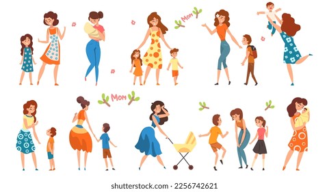 Mothers and Their Kids Talking, Walking and Having Good Time with Their Children Vector Set
