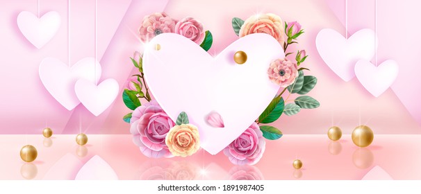 Mothers, Valentines Day pink love vector floral background with white hearts, roses, flowers, leaves, pearls. Holiday romantic spring greeting card, web banner. Valentines Day happy wedding background