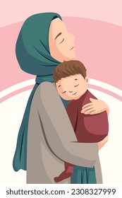 “Happy Mother's Day” vector illustration design of a Muslim mother's love for her child