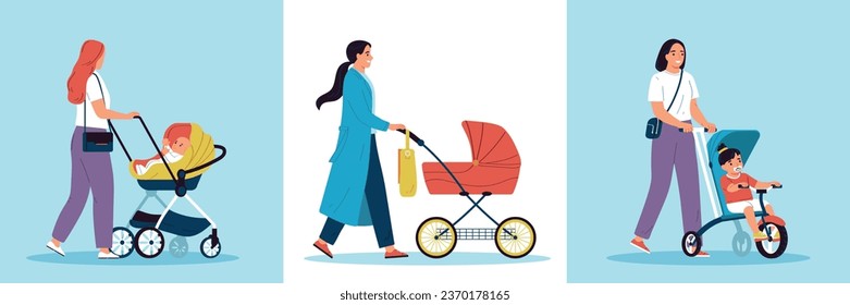 Mothers walking with prams flat set isolated vector illustration