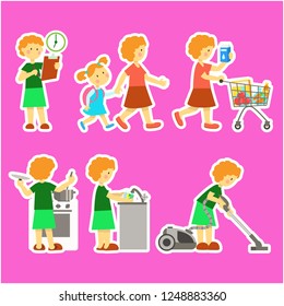 Mother's weekdays. Set of images of a woman doing housework. Making a plan for the day, cooking, cleaning, washing dishes, shopping, taking the child to school. Stickers.