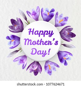 Mothers woman day greeting card poster banner template  with purple violet saffron crocus flower frame and copy space 