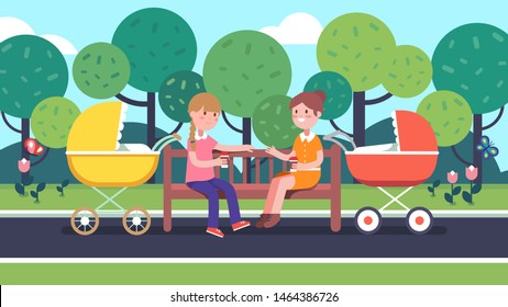 Mothers women sit on summer park bench resting with baby carriages. Happy women friends cartoon characters chatting & walking outdoor with baby strollers. Motherhood & nature. Flat vector illustration