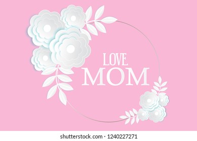 Mothers's Day greeting card with abstract white 3d flowers on pink background, vector illustration