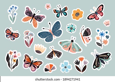 Moths, butterflies and flowers stickers collection, abstract decorative design